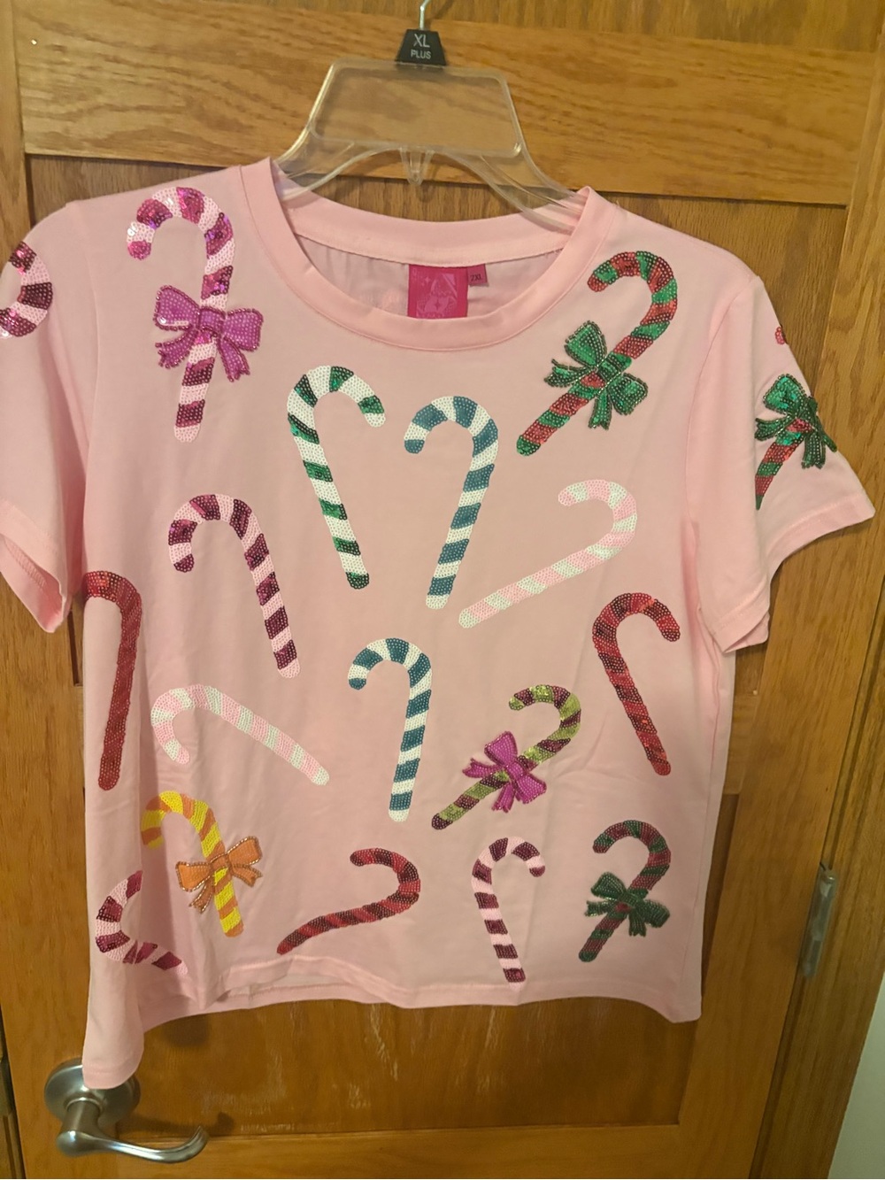 QUEEN OF SPARKLES Pink Sequin Candy Cane Tee